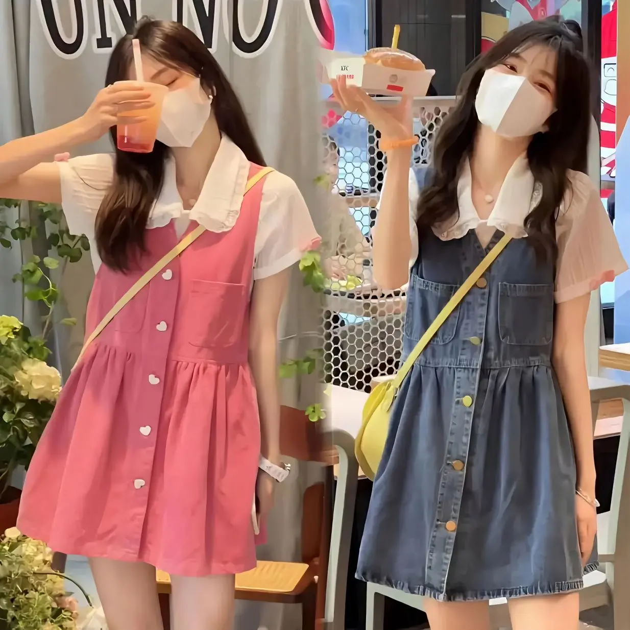 Bộ Đồ Hai Mảnh / Một Mảnh Phong Cách Nữ Tính Mùa Hè Váy áo Hai Dây Không Tay Váy Ngắn Denim Áo Sơ Mi Có Ve Áo