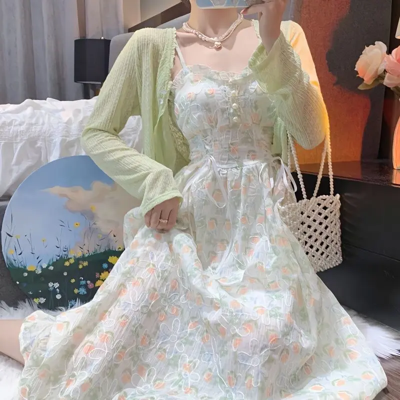 Bộ Váy Hai Dây, Cỡ Lớn, Dành Cho Phụ Nữ Trưởng Thành Và Phụ Nữ Thích Nữ, Phong Cách Thích Hợp, Áo Cardigan Chống Nắng Loại Mỏng, Váy Bó Sát Eo, Bộ Hai Mảnh