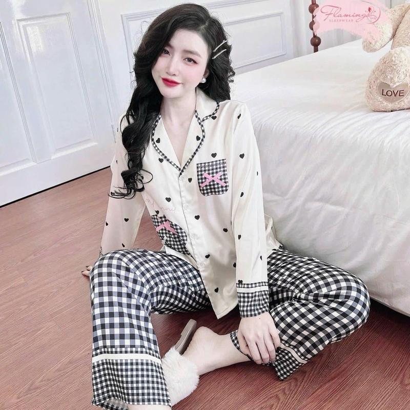 (42-60kg)bộ đồ ngủ pijama LỤA MỊN LATIN  gấu hồng  mềm mịn mát 3
