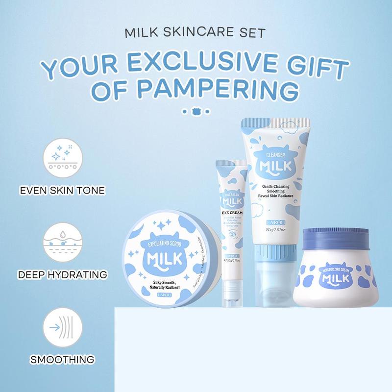 Milk Moisturizing Skincare Kit, Including 1 Cleanser, 1 Eye Cream, 1 Face Cream, 1 Scrub, 1 Face Cleansing Puff, 1 Makeup Bag and 1 Duck Decor Hair Clip, Valentine's Day Gift 3
