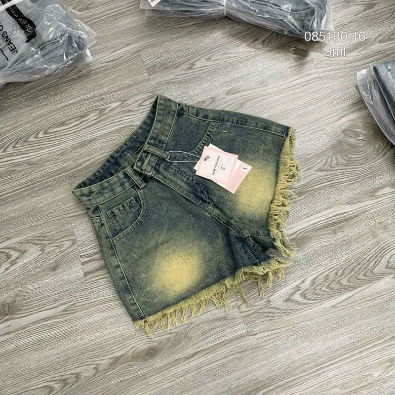 Quần short đùi jean nữ lưng cao rách tua bụi vàng 0