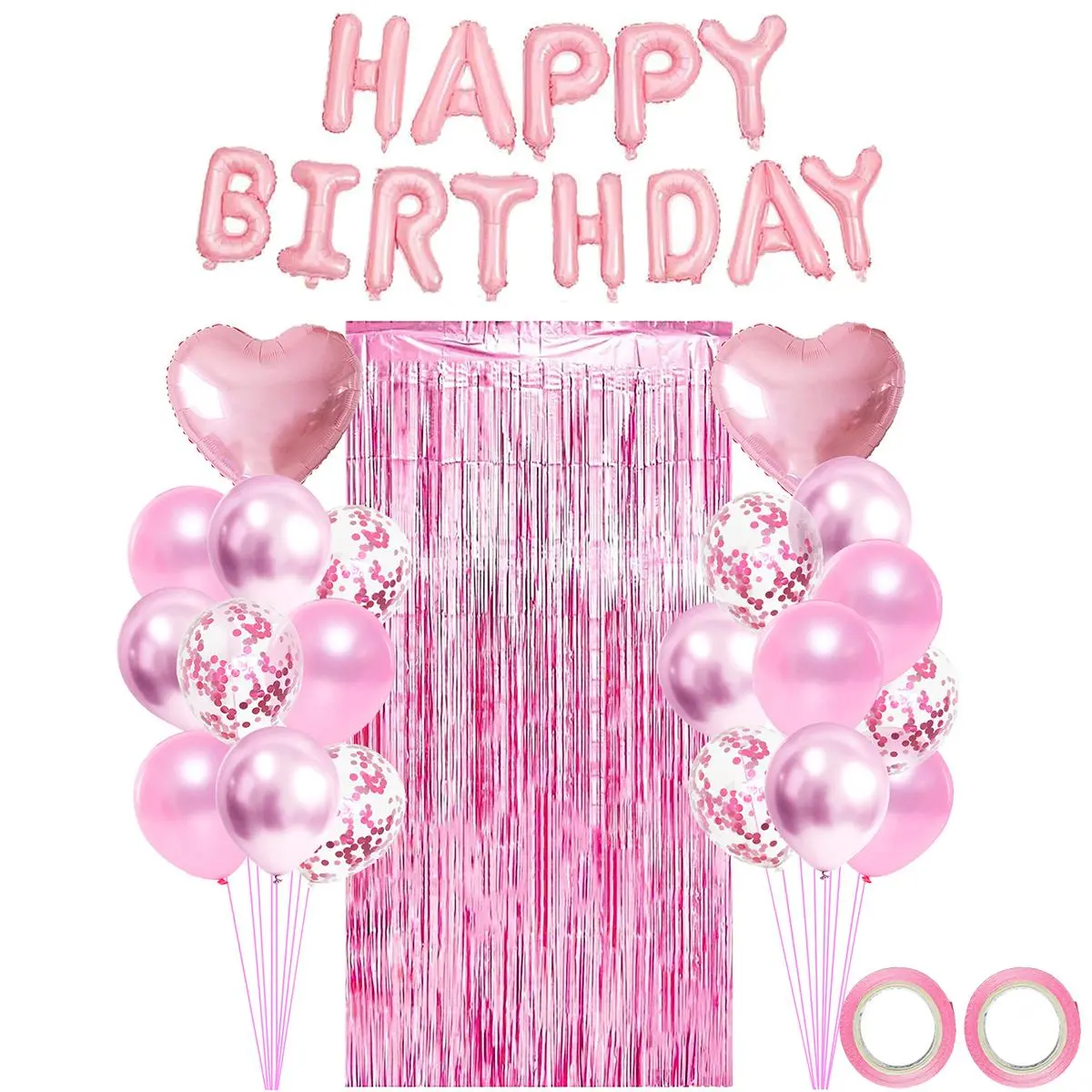 Happy Birthday Party Decoration Set, Including Happy Birthday Letter Balloon, Heart Balloon, Mixed Color Metallic Balloon, Ribbon & Metallic Tassel Curtain