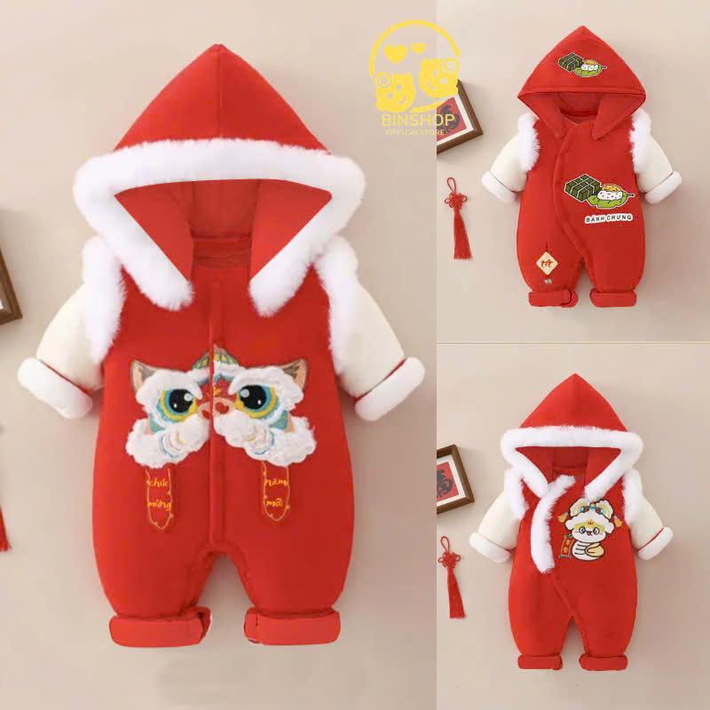 Bodysuit cho bé dài tay kèm mũ ấm áp body Tết Nỉ Bông+lông cừu cho bé trai bé gái mẫu quần áo sơ sinh từ 0-12M