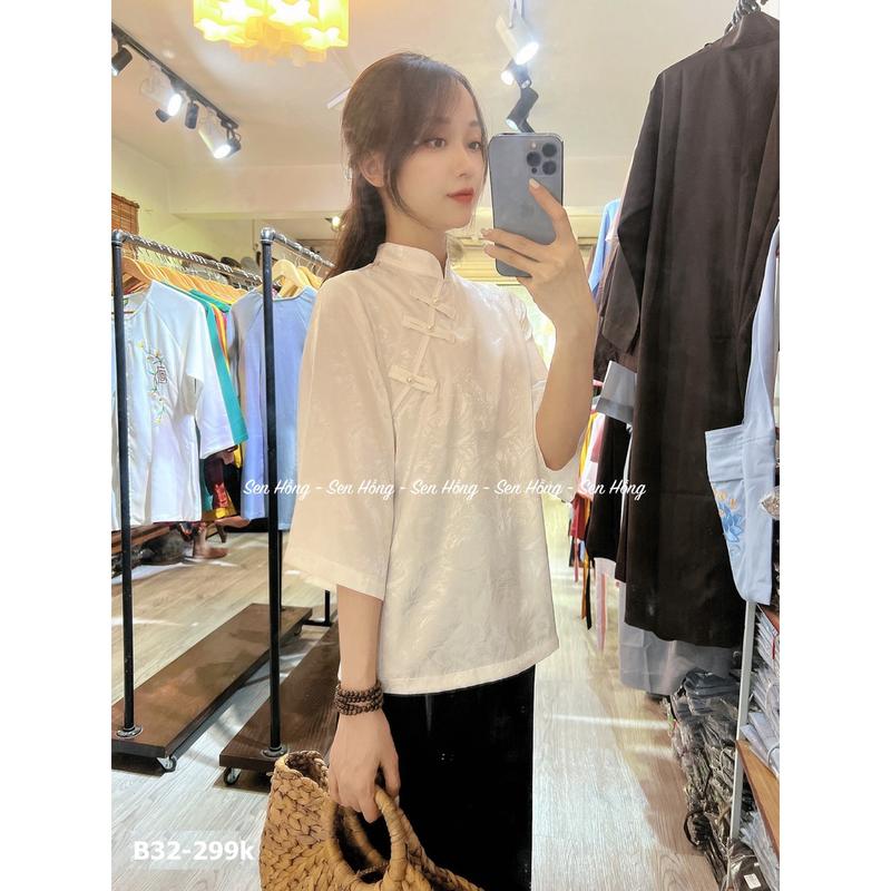 ĐỒ LAM ĐI CHÙA LỤA GẤM XINH # quần áo đi lễ đi chơi # pháp phục nữ vải lụa mềm nhẹ cổ tàu cúc chéo truyền thống B32 3