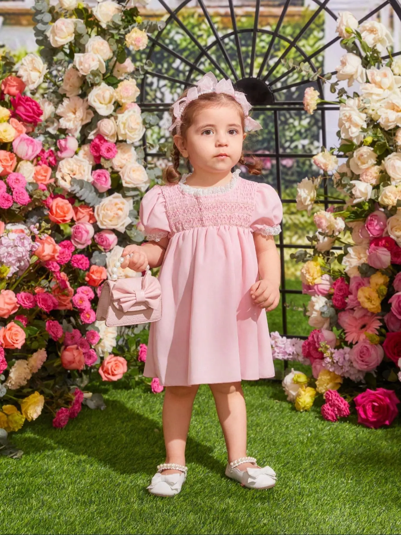 Baby Girl's Contrast Lace Shirred Dress, Cute Puff Sleeve Round Neck Dress for Party Holiday Wedding Guest, Infant Toddler Kids Summer Clothes