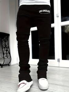 Men's Regular Fit Letter Print Flare Leg Jeans, Street Fashion Casual Comfy Bell Bottom Trousers for Daily Wear, Mens Bottoms for All Seasons, Cotton