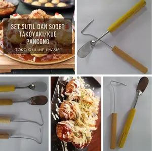 1 Set Sutil Takoyaki dan Sodet Takoyaki/Kue Cubit Gagang Kayu Alat Kitchenware