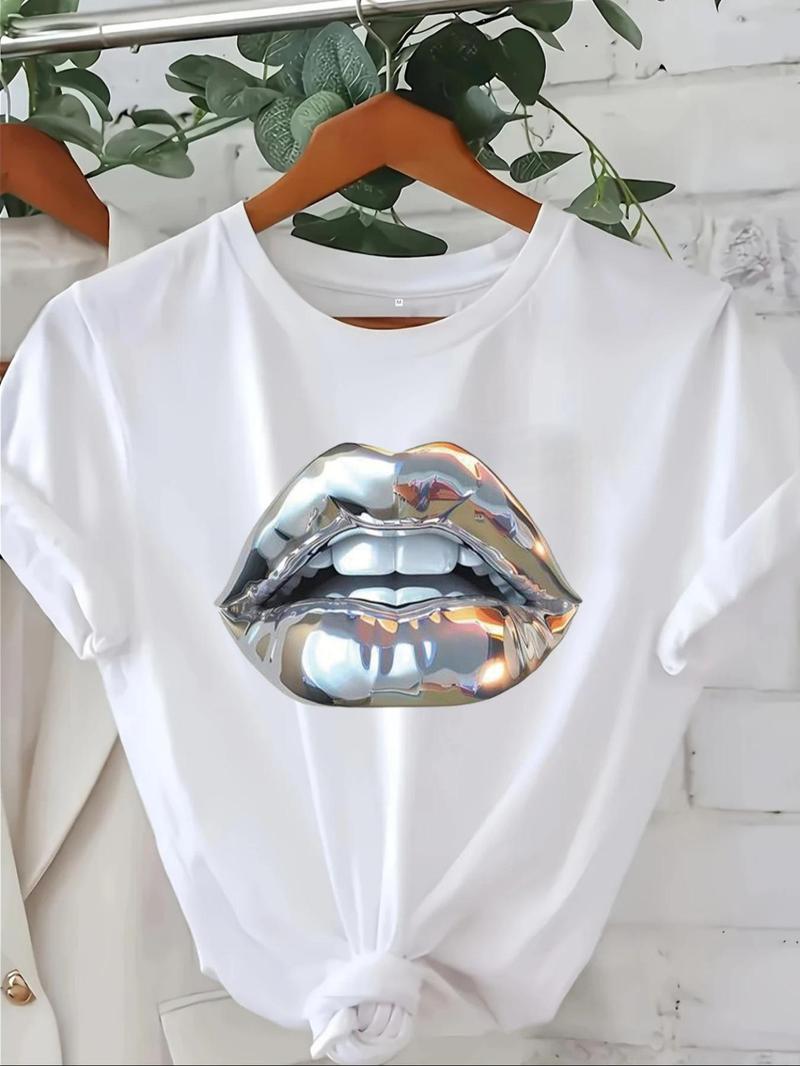 Product Introduction of Women's Lip Print Round Neck Tee, Fashion Casual Crew Neck T-Shirt for Daily Holiday Vacation Outdoor Wear, Ladies Clothes for Summer, Top 1