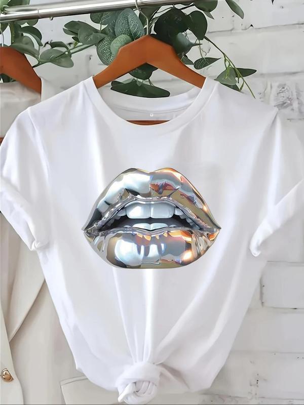 Women's Lip Print Round Neck Tee, Fashion Casual Crew Neck T-Shirt for Daily Holiday Vacation Outdoor Wear, Ladies Clothes for Summer, Top 0