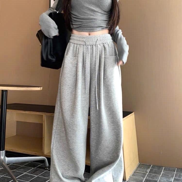 Quần Thu Đông049 Quần Nỉ Nữ Dáng Suông Ống Rộng Cạp Chun Dễ Phối Đồ quần xám Women quầnnỉ Ong Nhung Thun Đen