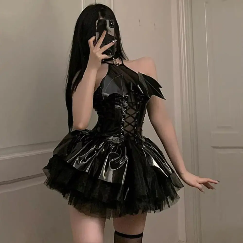 Spicy Girl Style Gothic Leather Halter Dress Halloween Babydoll A Line Skirt Costumes Cosplay Lace Up Nightdress Clothes