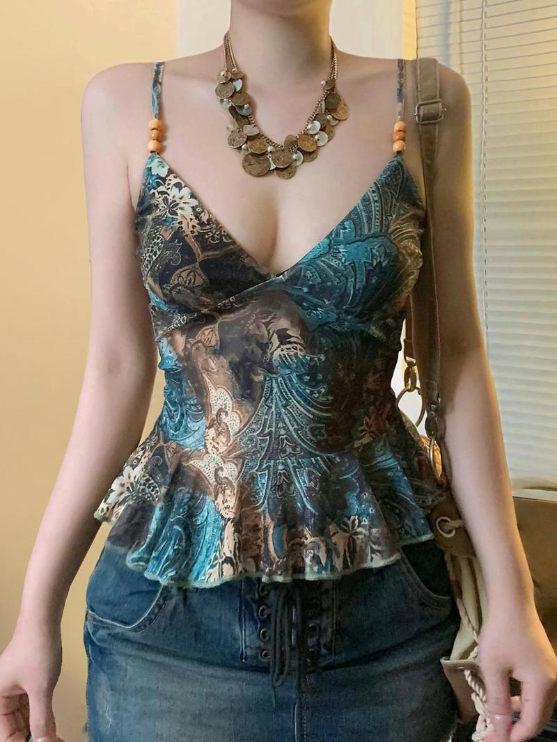 Product Introduction of Women's Vintage Print Cami Top, Casual Spaghetti Strap Sleeveless Top for Summer, Ladies Clothes for Beach Holiday 5