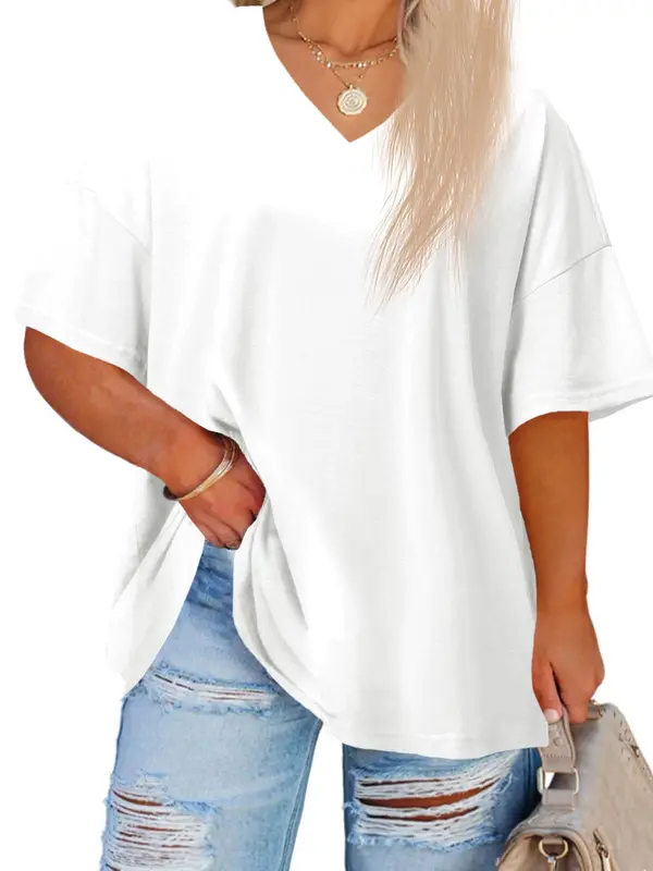 【Plus Size】 Plain V Neck Drop Shoulder Half Sleeve Tee, T Shirts for Women, Summer Tees, Summer Vacation Tops, Hide Tummy, Casual Basic T-shirt, Women's Clothing for Daily Wear, Back To School, T Shirts for Women, White Tshirt Women, Tops for Women 1