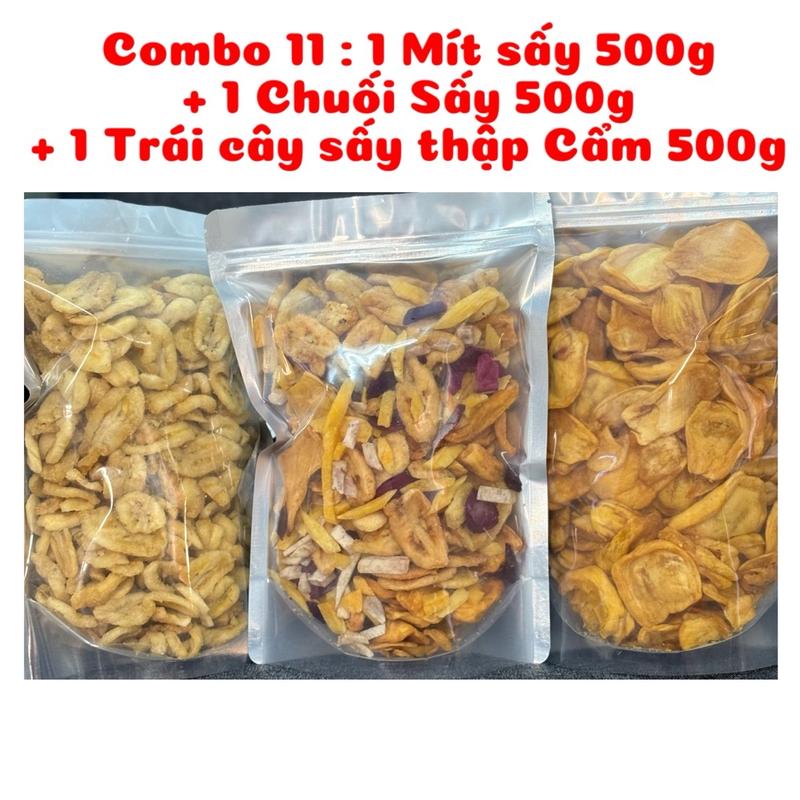 Combo 11 (1.25Kg) : 1 Mít Sấy 250g + 1 Chuối Sấy 500g + 1 Trái cây sấy thập Cẩm 500g  - Hàng mới thơm giòn ngọt  đóng gói bằng túi zipper bạc