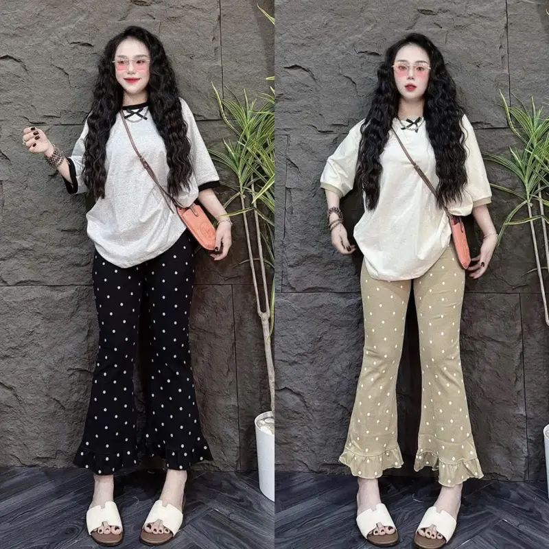 Sét bộ nữ Cổ tròn from rộng kèm quần chấm bi loe bèo