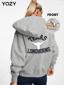 YOZY Women's Letter & Bull Head Print Thermal Lined Hoodie, Fashion Casual Pocket Hooded Sweatshirt for Daily Holiday Outdoor Wear, Women Clothing for Fall & Winter