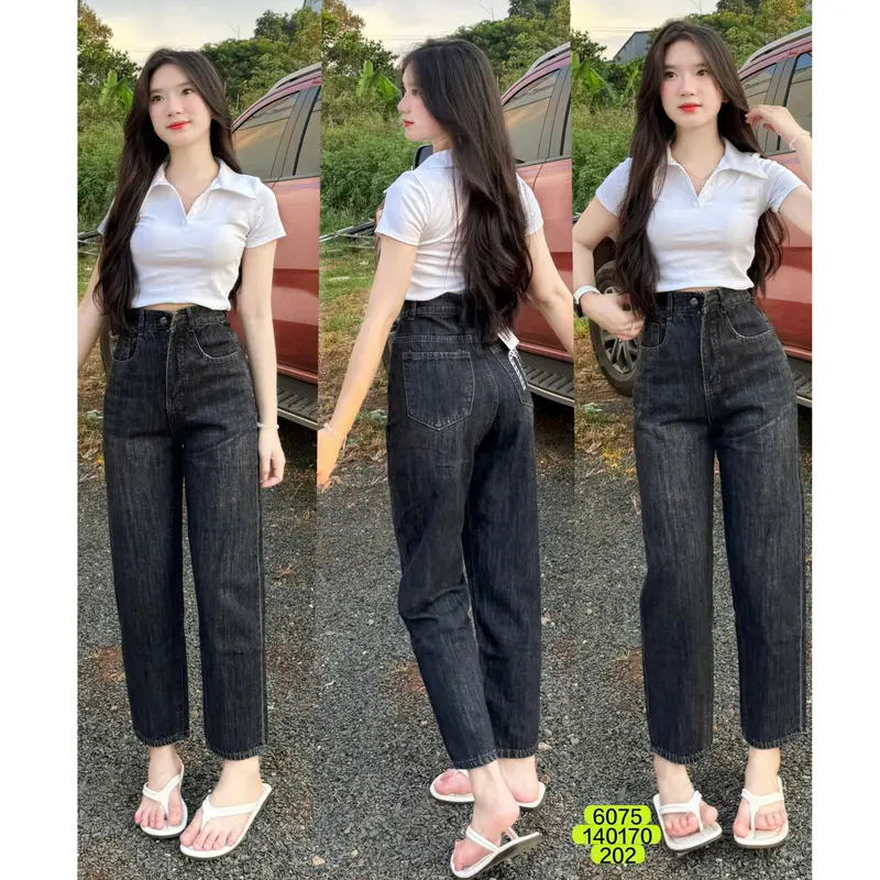 Quần Baggy Jean (Thêu chữ M) Lưng cạp cao, Ống suông vải Jean loại 1 1