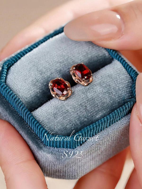 S925 Sterling Silver Natural Garnet Decorated Stud Earrings, Fashionable Earrings for Women & Girls, Trendy All-match & Exquisite Jewelry for Birthday Gift 6
