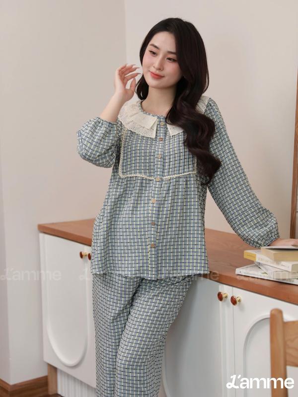 [L'AMME] Bộ đồ ngủ bầu bộ mặc nhà SHINE gồm áo dài tay và quần dài, chất liệu thô đũi phối chấm nhung mềm mại, thoáng khí, thiết kế họa tiết kẻ tinh tế, tối giản, trẻ trung phù hợp với mẹ bầu mặc trong bầu và sau sinh