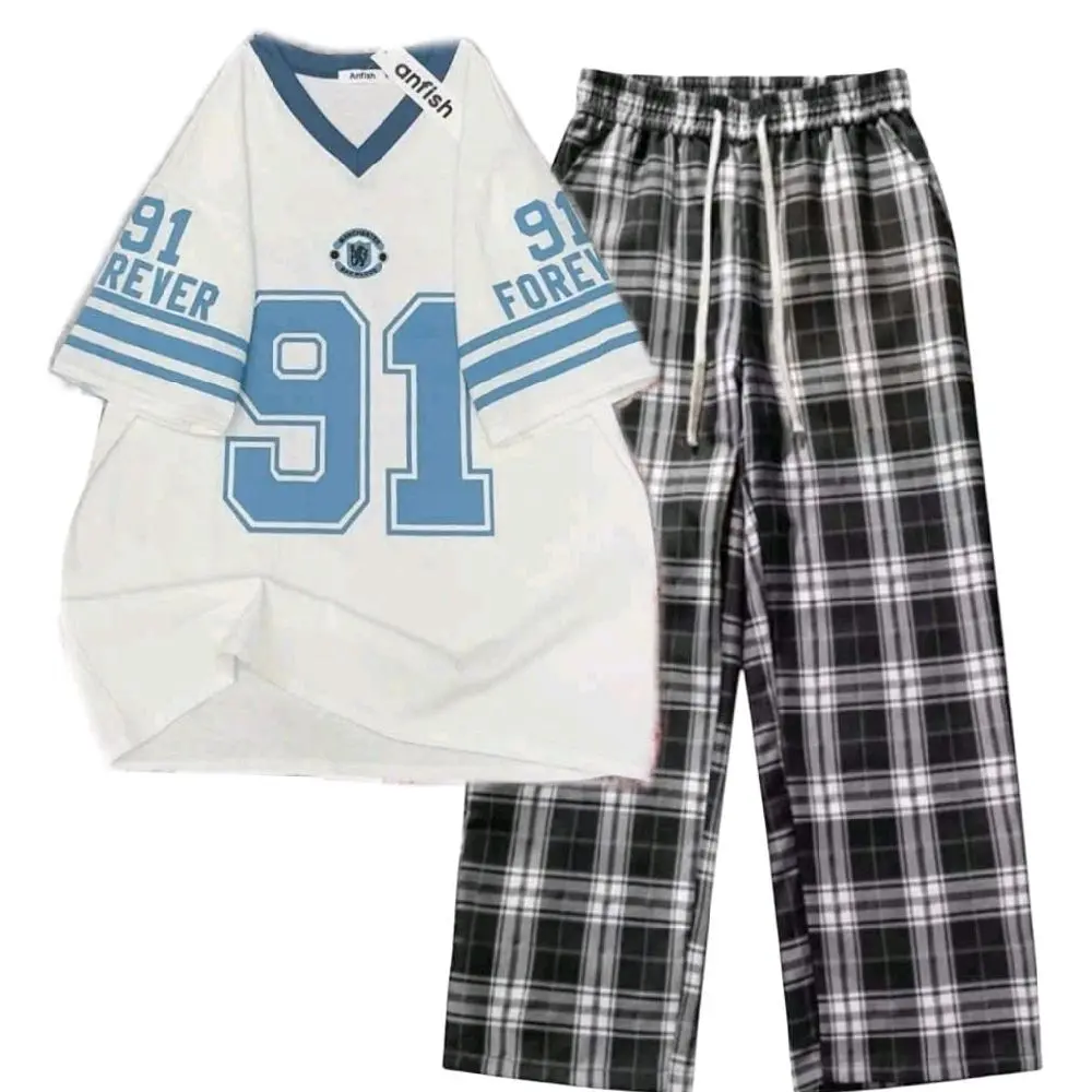 Sét Bộ Quần Ống Rộng Kẻ Caro Đen+ Mix Áo Phông Unisex Form Thụng Số 91