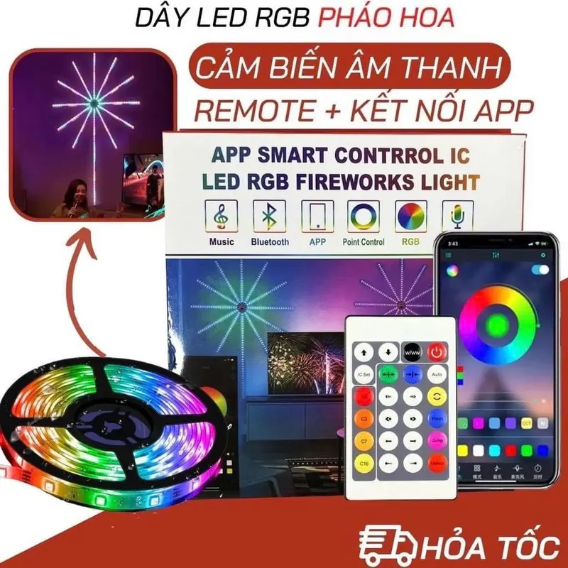 Dây Đèn LED Pháo Hoa 16 Màu Cảm Biến Theo Nhạc , Có Điều Khiển + APP Trên Điện Thoại trang trí tết 2025 8