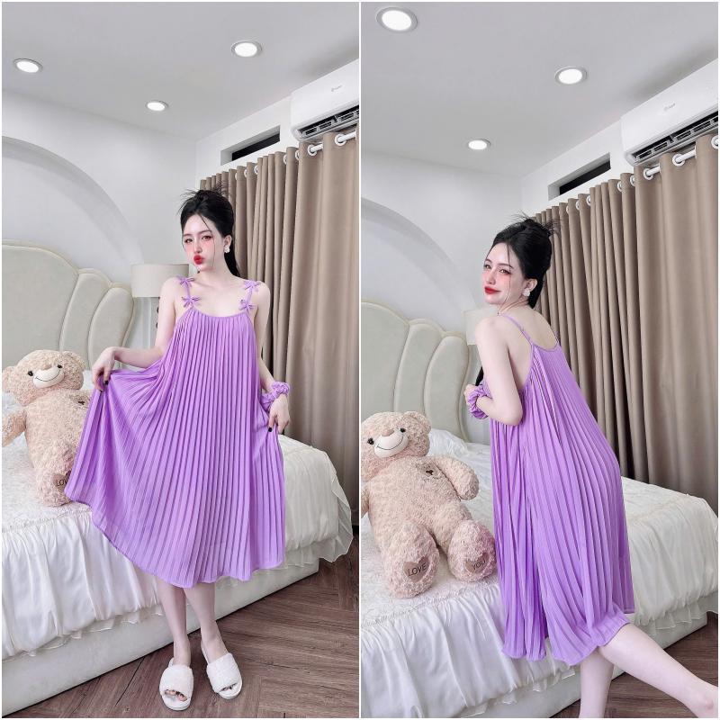 Product Introduction of Váy ngủ xếp ly bigsize 2dây đính nơ dễ thương bầu bí bon chen thoải mái chất chiffon có lót cầm nặng tay size 40-70kg 8