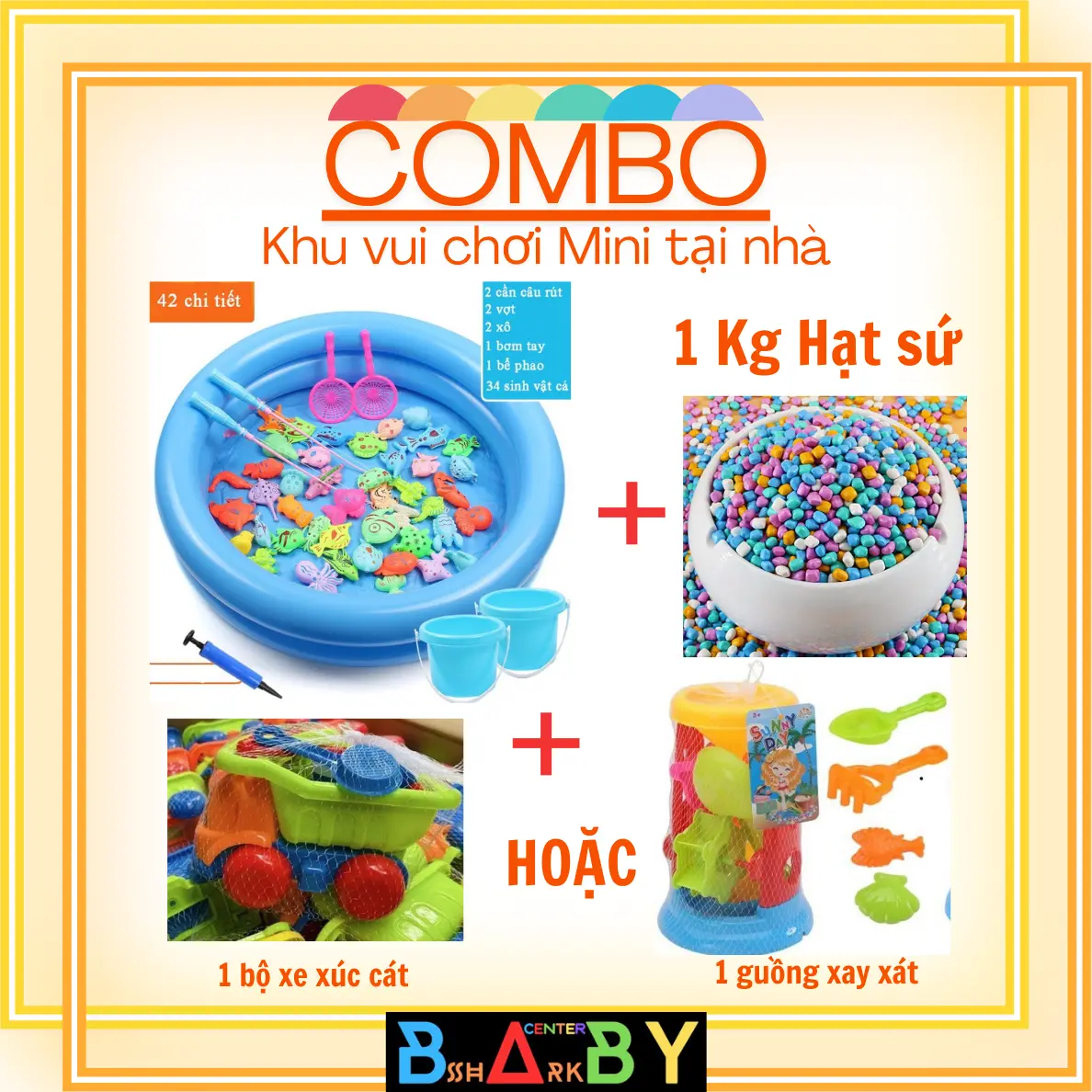 Combo Khu Vui chơi Mini tại nhà - Bao gồm 1 Bộ câu cá  phao 42 chi tiết, 1 Kg Hạt sứ, 1 Xe xúc cát hoặc 1 Guồng xay cát Đồ Chơi
