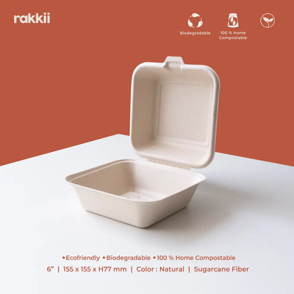 Rakkii - [50 pcs] Bagasse Box Bento Burger Korea Cake Mochi Bites Lunch Box 15 x 15 cm Natural 6 Inch kotak kitchenware