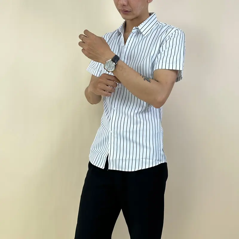 Áo sơ mi nam kẻ sọc tay ngắn lụa hàn họa tiết Thời Trang Menswear Có Cổ sominam  dep 6