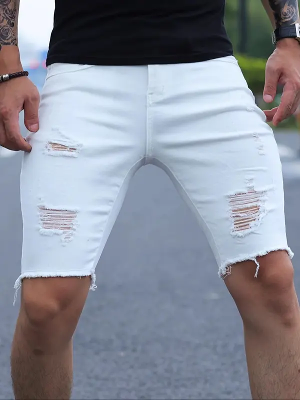 Men's American Retro Style Solid Color Distressed Ripped Denim Shorts, Street Fashion Casual Comfy Pocket Denim Shorts for Summer, Trendy Men's Bottoms for Daily Wear 2