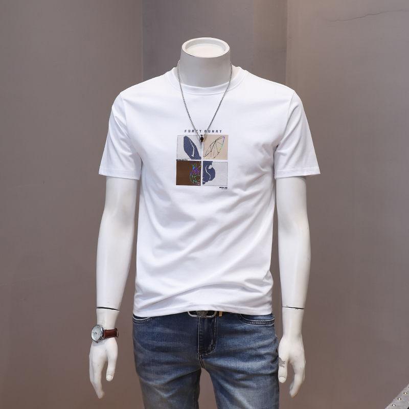 Áo Thun Nam Ngắn Tay, Xu Hướng Thanh Niên Hàn Quốc Mới, Dáng Ôm, Áo Tay Lửng Áo, Chất Liệu Cotton, Thích Hợp Cho Mùa Hè, Năm 2023 Menswear Cổ Tròn 1