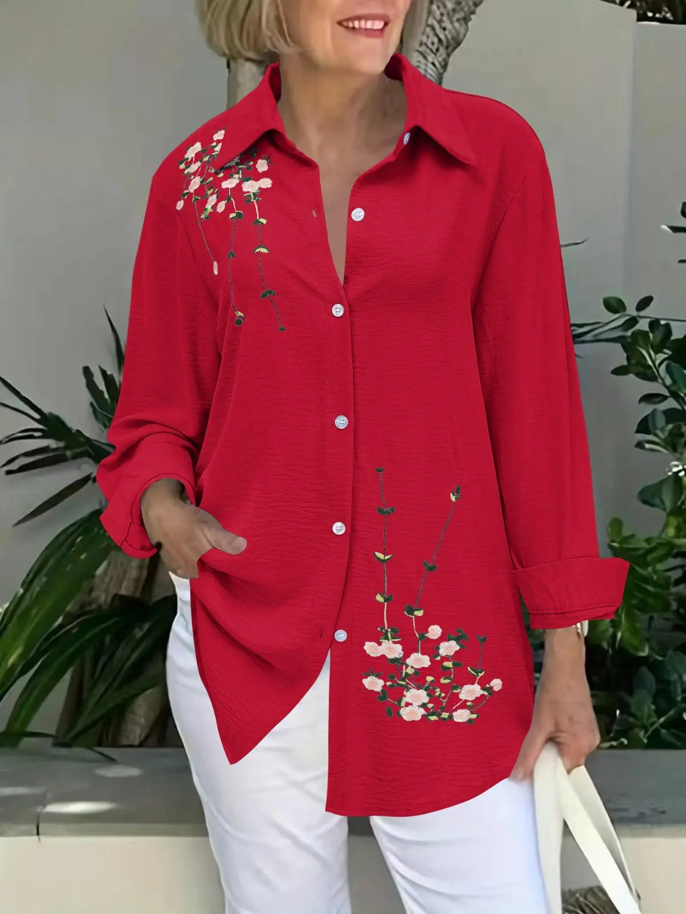 Women's Floral Embroidery Button Front Shirt, Casual Long Sleeve Collared Top for Daily Wear, Ladies Clothes for All Seasons