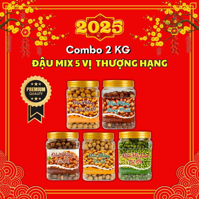 Combo 2KG Đậu Mix 5 Vị [400Gr Đậu Phộng Tỏi Ớt + 400Gr Đậu Phộng Cốt Dừa +400Gr Đậu Phộng Rang Muối+ 400Gr Đậu Hà Lan Tỏi + 400Gr Đậu Phộng Da Cá Tỏi Ớt]