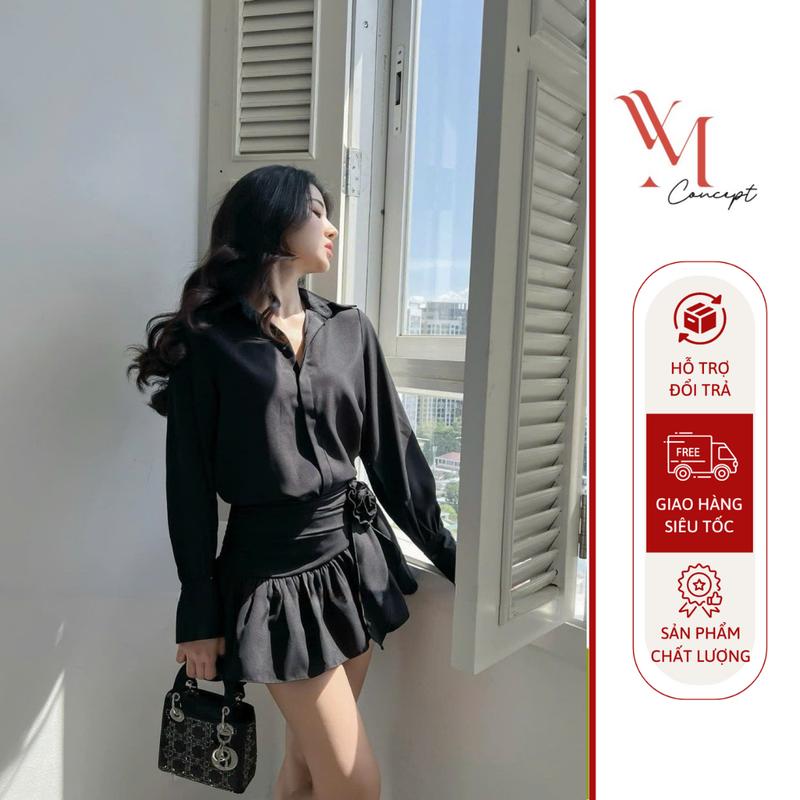 YM Concept D0894 - Váy Dự Tiệc Áo Sơ Mi Kết Hợp Chân Váy Vạt Xéo Đính Hoa Đi Tiệc, Đi Làm - Đen/Trắng - S/M/L/XL - Nữ, Women Dress Kem