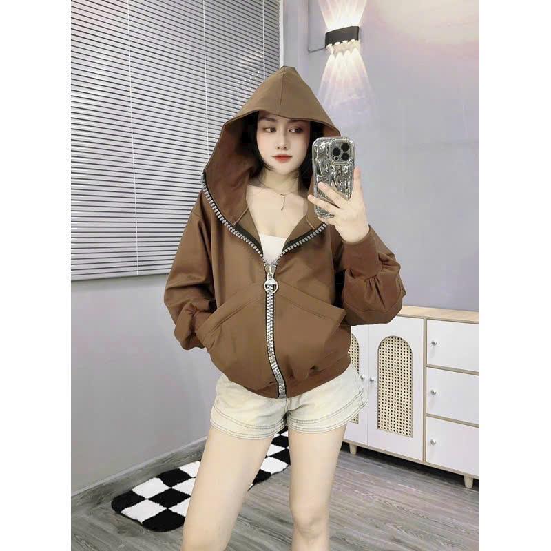 Product Introduction of Áo khoác nỉ nữ chống nắng trơn phối dây kéo to có nón - Top Women 7