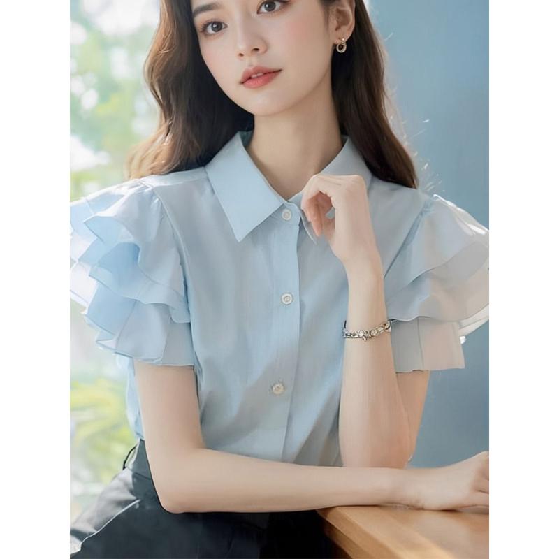 (in Stock) European Goods Beautiful Fashion Casual Temperament High-Grade Super Nice Top Blue Ruffled Short Sleeves Women's Shirt Women's Summer Blouse Lingerie 7