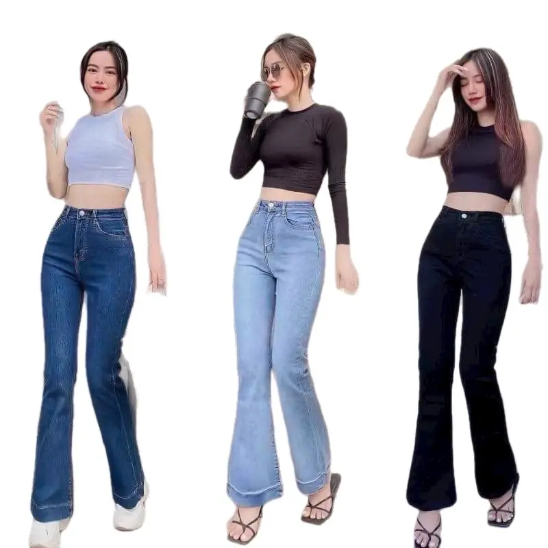 Quần Loe Dài Lưng Cao Nữ Women Pants Jean Ống Loe Denim - Lai Gấp 3cm
