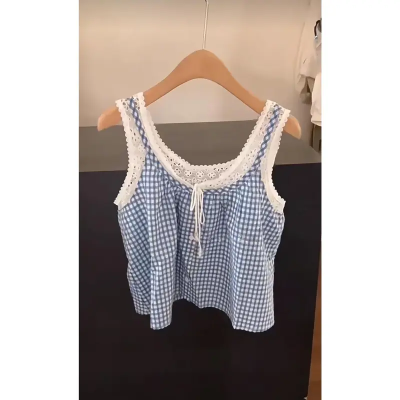 Áo Vest Kẻ Sọc, Phong Cách Pháp, Thiết Kế Kẻ Sọc Tươi Mới Buộc Dây, Khâu Ngọt Ngào, Dễ Phối Đồ, Dáng Rộng Vừa Vặn, Hai Mảnh Giả, Có Dây Đeo 5