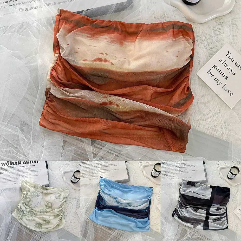 Spring Summer Sweet Sexy Hot Girl Vest Women Mesh Pleated Tie Dye Print Tube Top Clothing Light