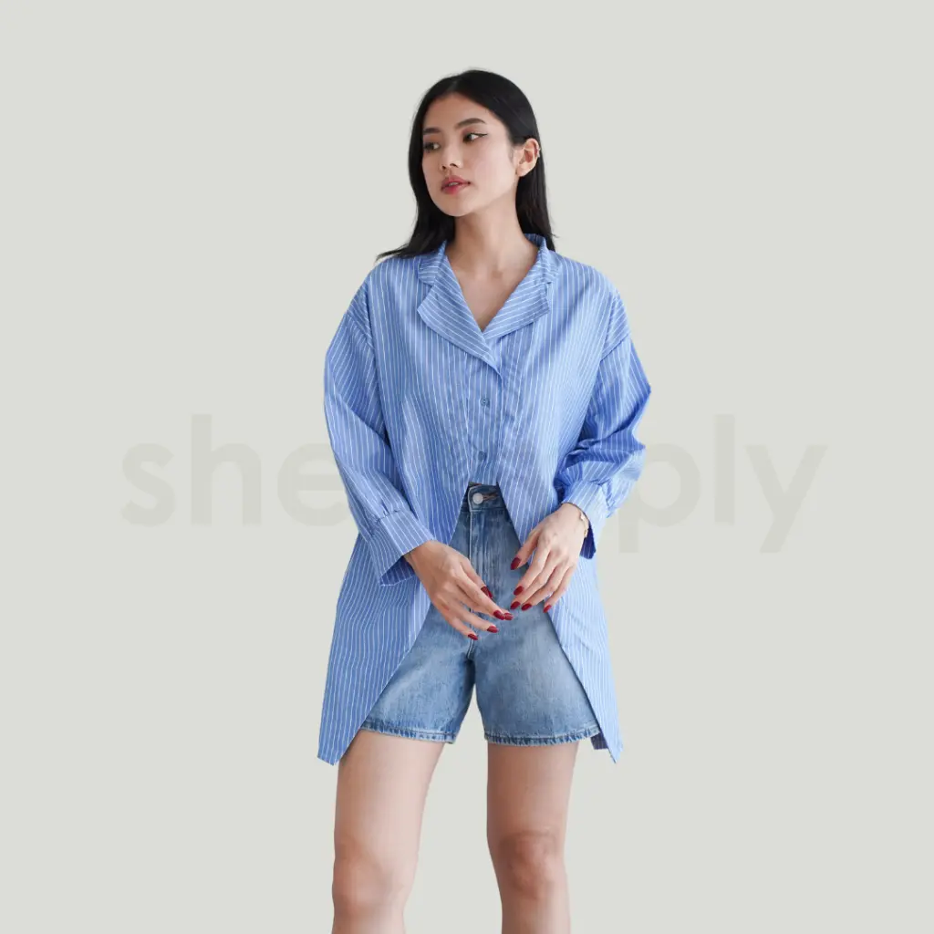 Shesimply Hoppy Stripe Blouse Katun Salur Atasan Wanita Tangan Panjang Motif Garis-Garis Simple