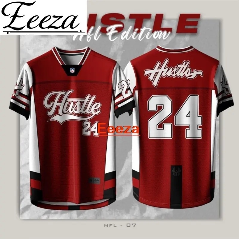 Eeeza [ ]2024 NFL 07 HUSTLE Jersey T-shirt Men Short Sleeve Retro Collar Full Sublimation Microfiber Jersey Viral Unisex Streetwear Ootd