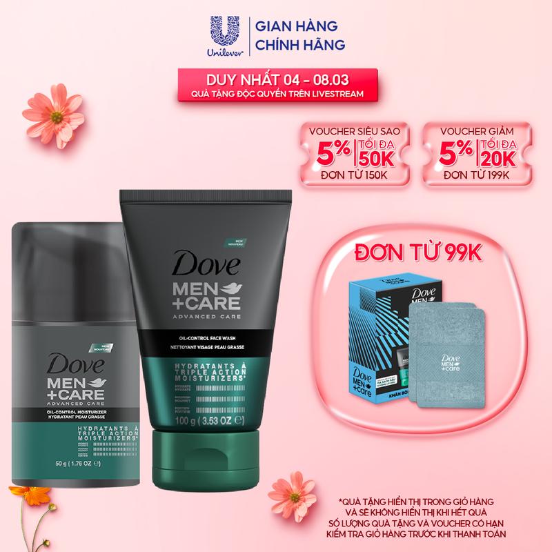 Combo Dove Men +Care Sữa rửa mặt 100g và Kem dưỡng ẩm 50g (OIL CONTROL FACE WASH, EXTRA HYDRATING FACE WASH or OIL CONTROL MOISTURIZER, EXTRA HYDRATING MOISTURIZER)