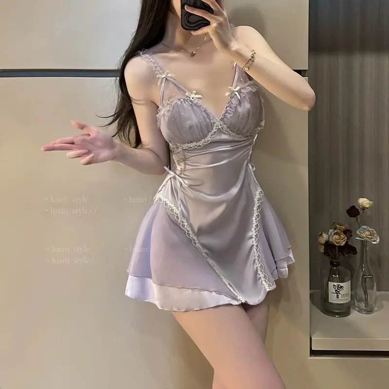V06  Váy ngủ viền ren mềm mịn,cột eo,(có mút + dây cột eo 2 bên)Hàng QCCC 8