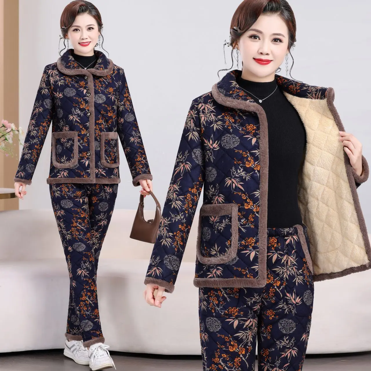 Bộ Quần Áo Đệm Bông Dày Lót Lông Cừu, Cho Mẹ TRUNG NIÊN, Áo Khoác Bông Giữ Nhiệt, Trang Phục Mùa Đông, Hàng Mới Về, Thích Hợp Cho Phụ Nữ TRUNG NIÊN Và Cao Tuổi, Quần Áo Đệm Bông Tại Nhà, Bộ Hai Mảnh, 2024