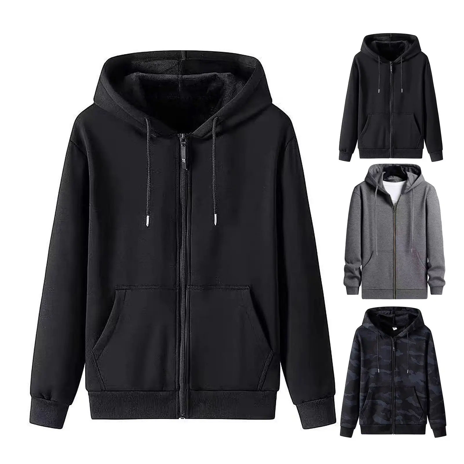 Honbata|Long Sleeve Drawstring Pockets Zipper Closure Cardigan Sweatshirt Men Spring Autumn Solid Color Plus Size Hoodie Coat