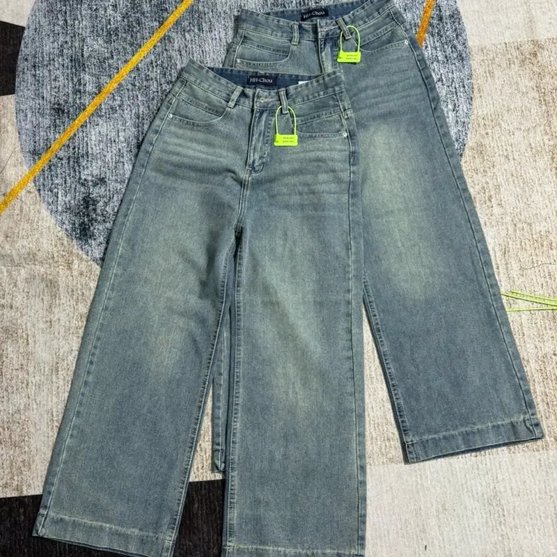 (S-2Xl )HHCHOU Quần Jeans Ống Suông Đứng Bản Lai To Chất Vải QC Mềm H332 Women Pants Kem 4
