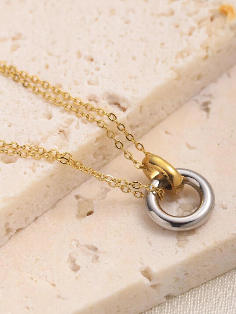 Product Introduction of Unisex minimalist gold stainless steel double chain necklace with steel color ring pendantsornament 18
