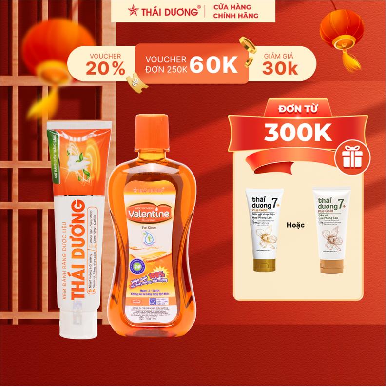 [Live - Mua 3 tặng 1] 01 Kem đánh răng dược liệu thái dương (Hộp 01 tube x 150g) và 02 Nước súc miệng Valentine NGƯỜI LỚN Tặng 01 sữa tắm/ dầu gội/ dầu xả Thái Dương 7 Plus Gold (Tube 50g)  - Sao Thái Dương