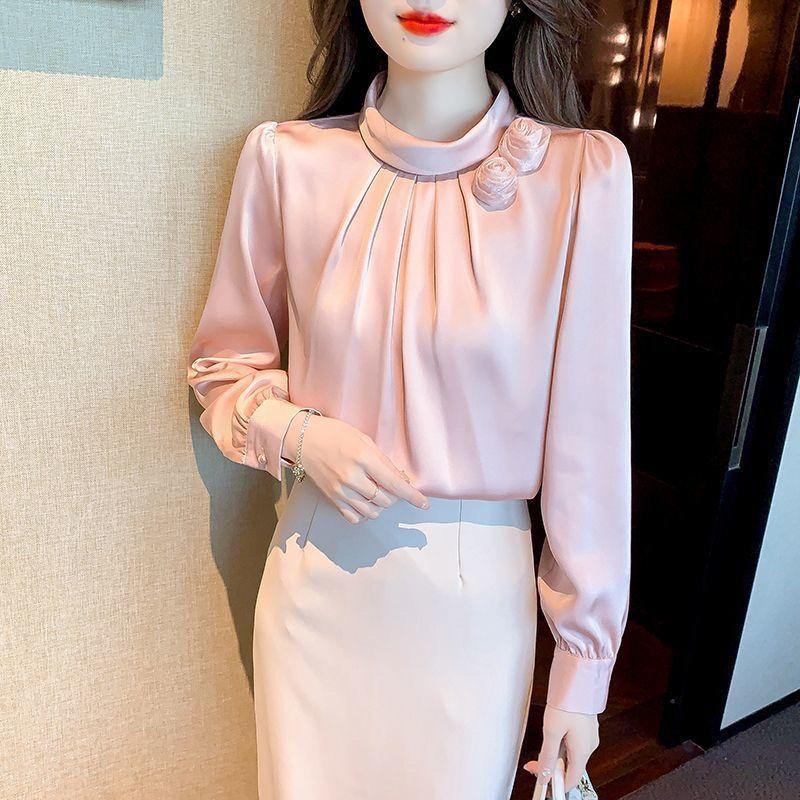  Áo Chiffon nữ dài Slim Hoa Áo mùa xuân và mùa thu thanh lịch Women Top Cổ Tròn Shirt Màu Hồng 