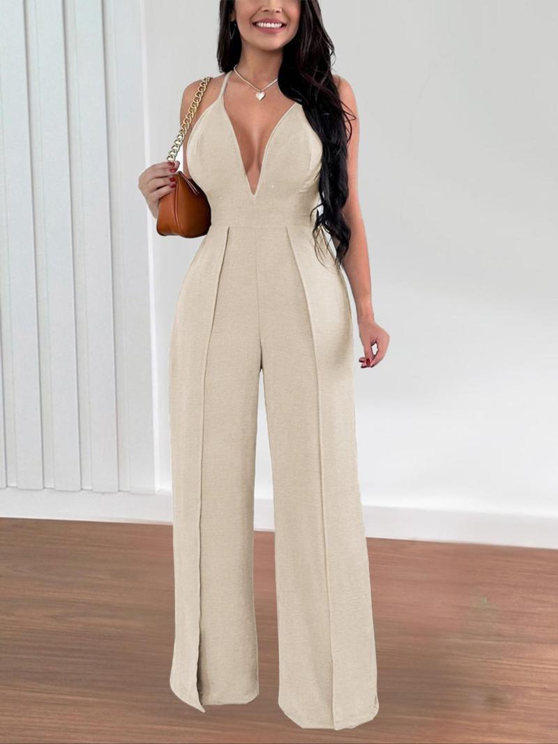 Product Introduction of Women's Solid Color Backless Jumpsuit, Elegant Fashion Casual Wide Leg Jumpsuit for Daily Outdoor Wear, Ladies Clothes for All Seasons 6